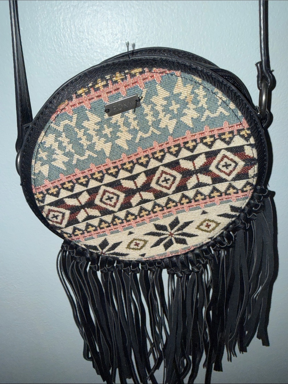 Roxy Black Fringe Round Crossbody with Multicolor Aztec Weave